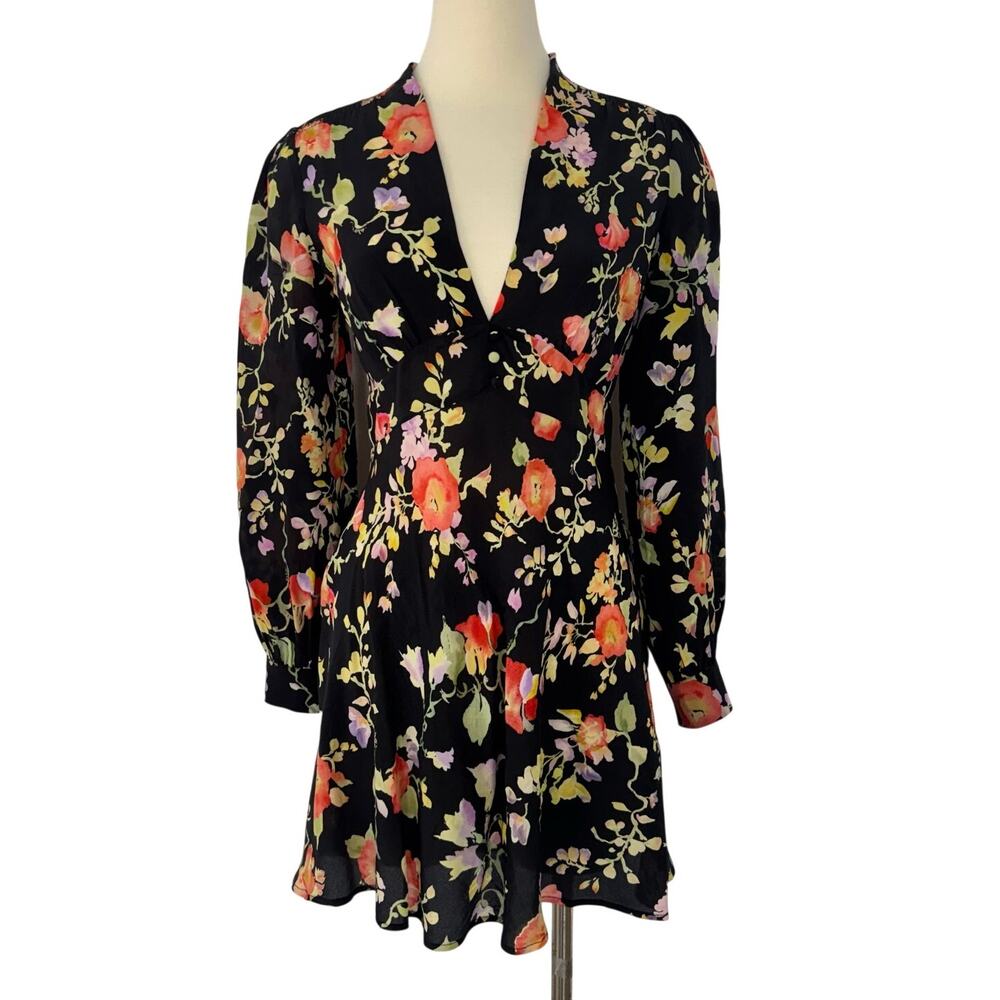 Rixo Hebe Silk Plunging V-Neckline Blouson Sleeve Mini Dress Black Floral XS